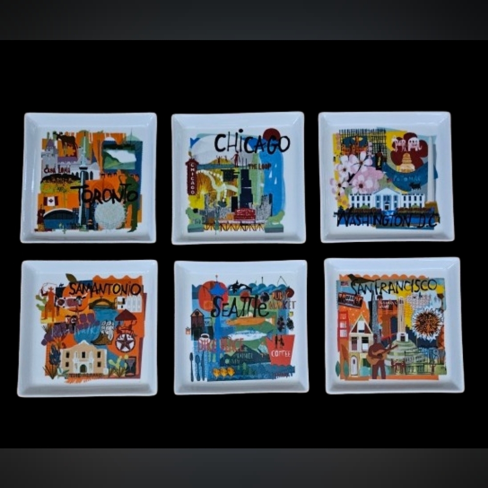 *Crate & Barrel City Scenes Square Appetizer Plates Road Trip Set of 6